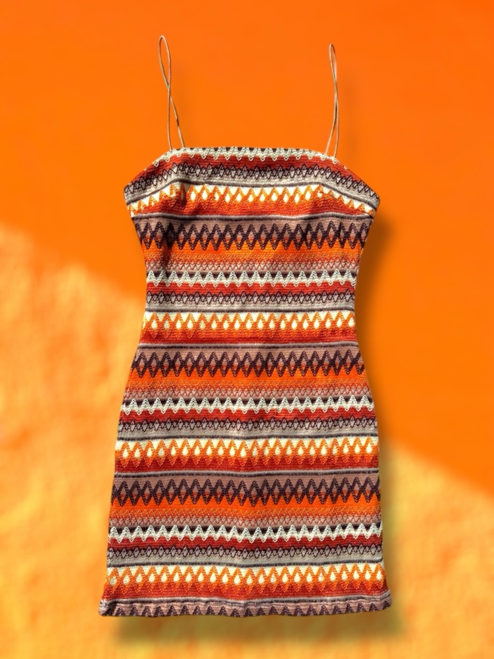 Striped Knit Spaghetti-Strap Dress in Orange